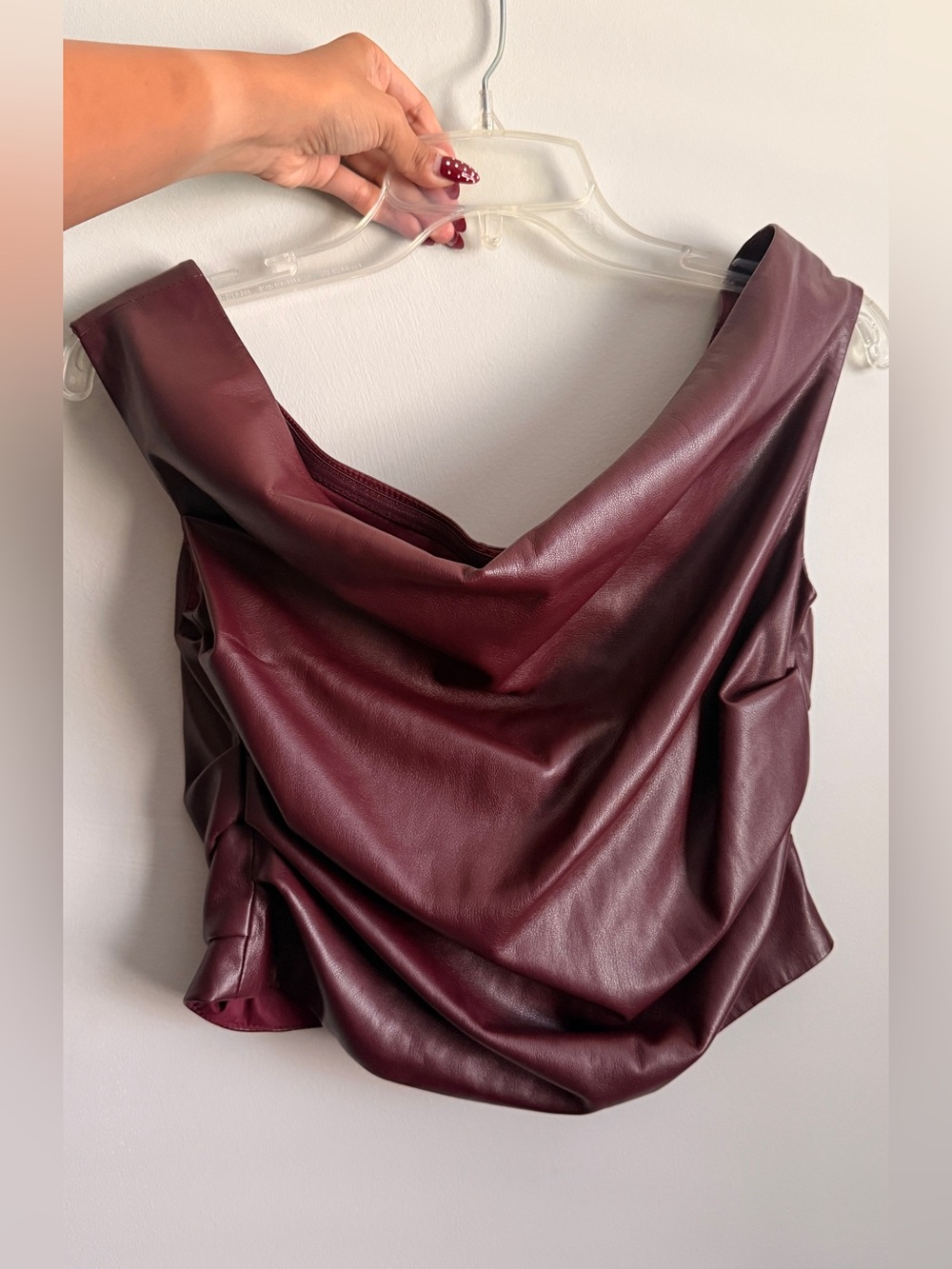Lamarque Burgundy Faux-Leather Draped Cowl Neck Top